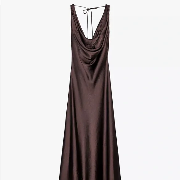 knee length dresses for ladies NEW Zara Khaki Olive Green Silky Satin Cutout Long Sleeve Midi Maxi Dr –  Brie main image 1